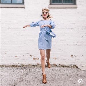 Off the shoulder blue and white stripped dress